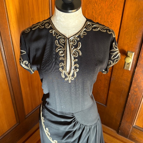 Vintage 40s 1940s Gown Maxi Dress, Black Gold Sequin, Asymmetrical Peplum Rayon - Picture 3 of 8